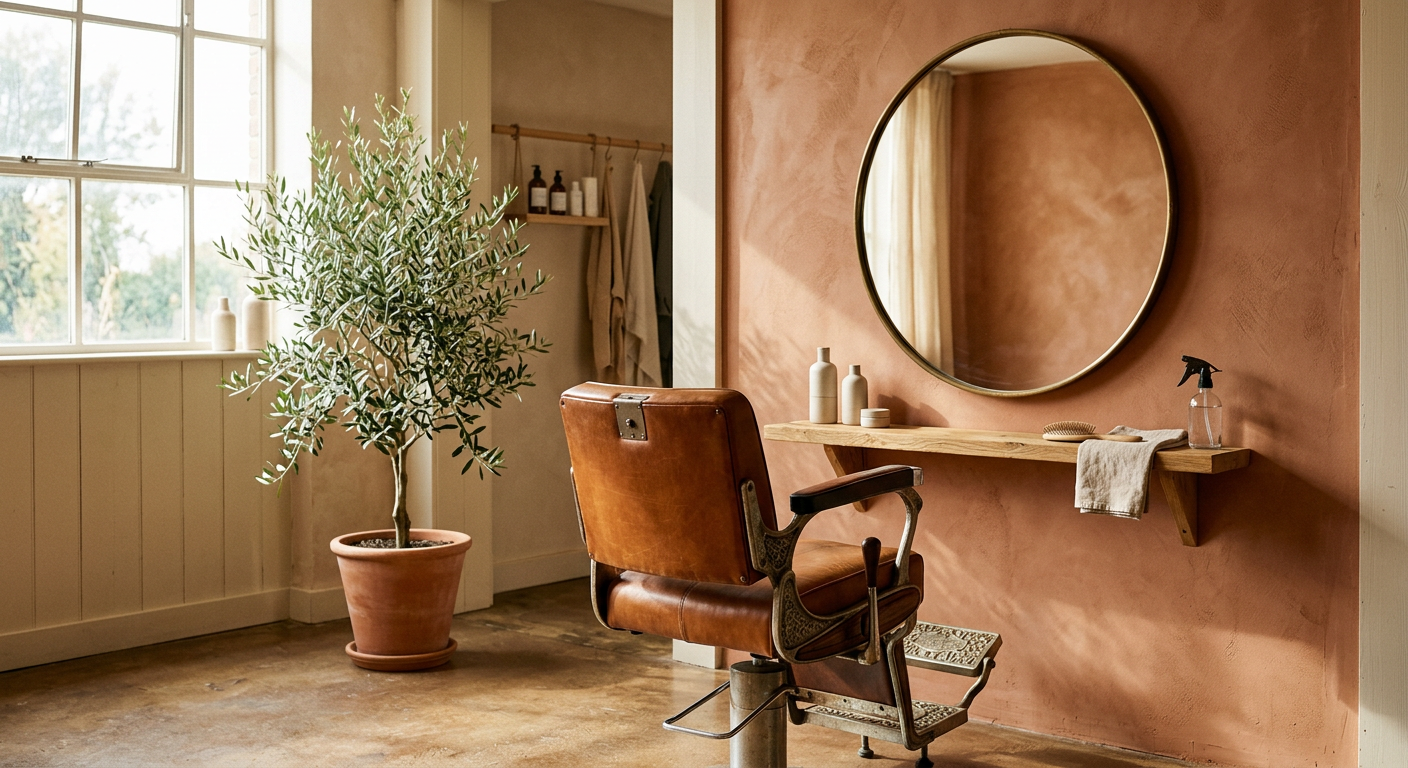 A sunlit salon chair facing a round mirror